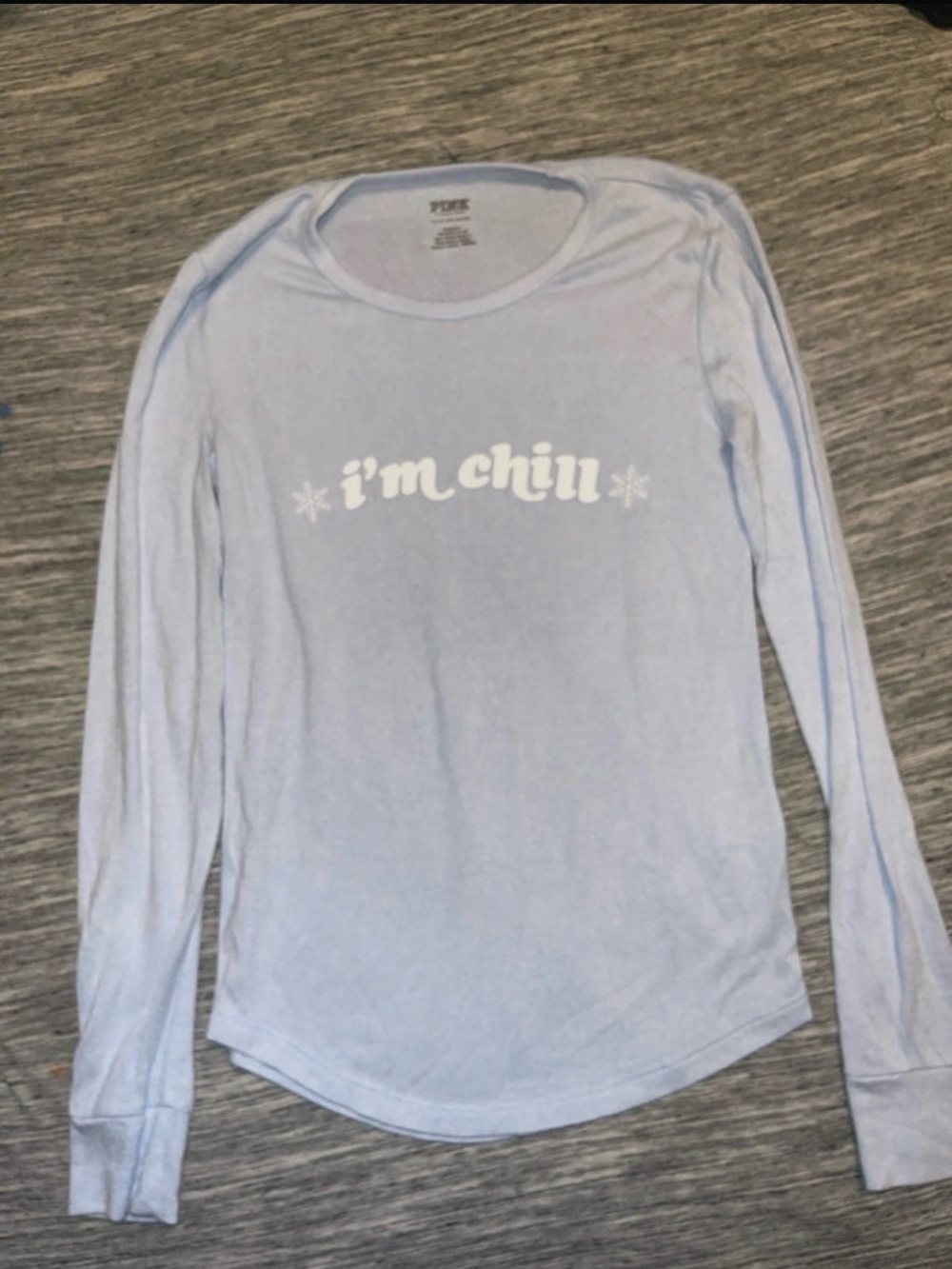 PINK Victoria's Secret Light Blue Long Sleeve Tee with White "i'm chill" Print